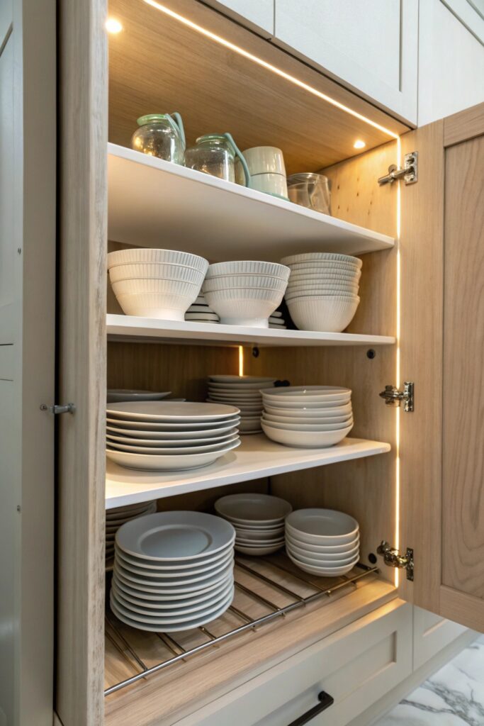 15 Kitchen Organization Hacks That Save Time and Space stackable shelf risers cabinets kitchen