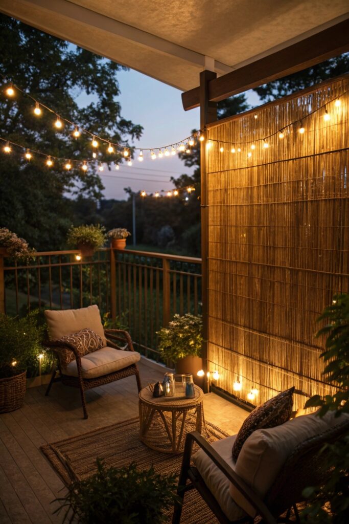 12 Apartment Balcony Privacy Ideas for a Cozy Outdoor Retreat string lights privacy screen combo balcony