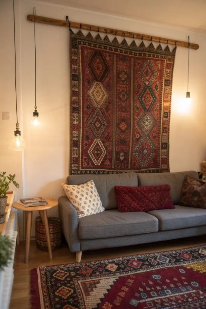 12 Above Couch Decor Ideas That Make Your Living Room Stand Out large rug style wall hanging above couch