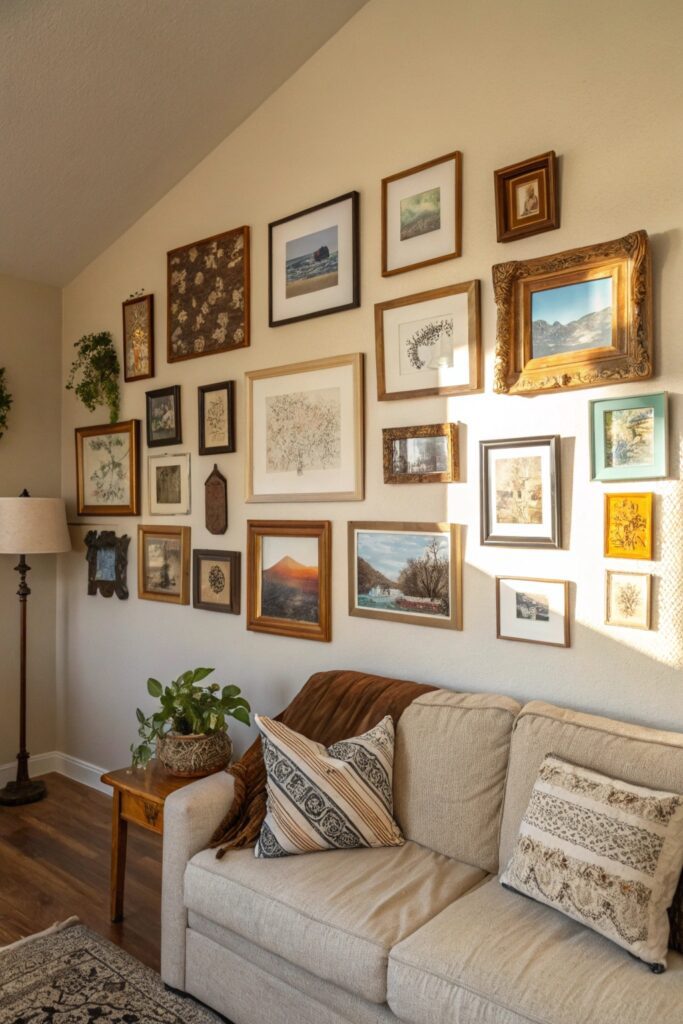gallery wall thrifted frames small living room