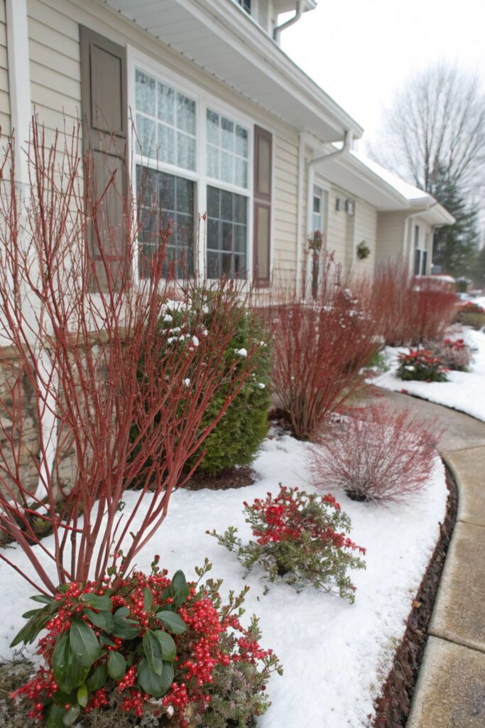 15 Flower Beds in Front of House Ideas That Look Gorgeous Year-Round winter interest flower bed evergreen