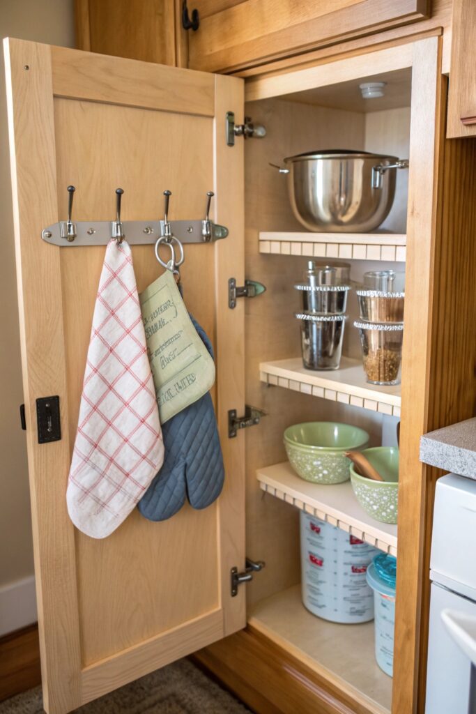 15 Kitchen Organization Hacks That Save Time and Space hooks inside cabinet doors kitchen