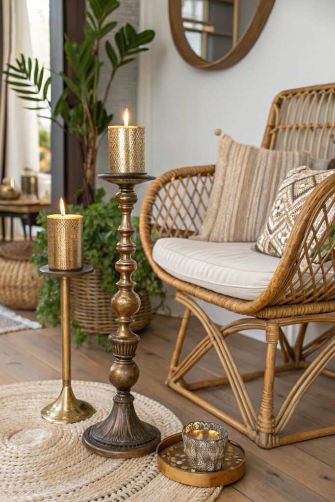 15 Modern Bohemian Living Room Ideas You'll Fall in Love With mix metallic natural finishes boho living room