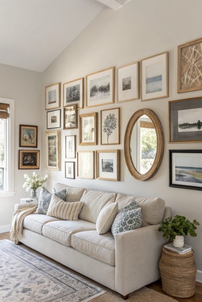 gallery wall neutral frames living room