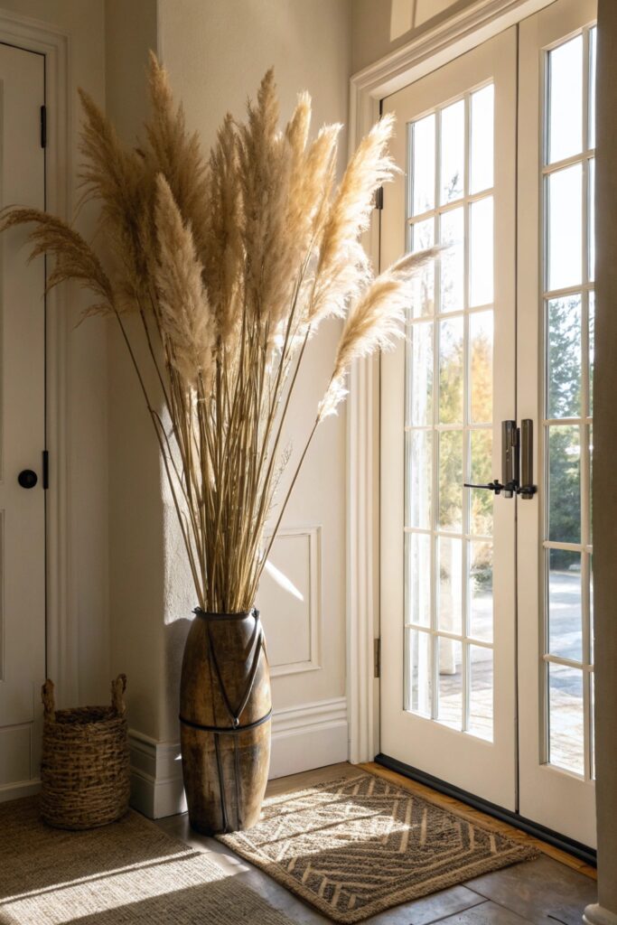 15 Pampas Grass Decor Ideas to Create a Cozy Modern Home entryway dramatic floor arrangement pampas grass