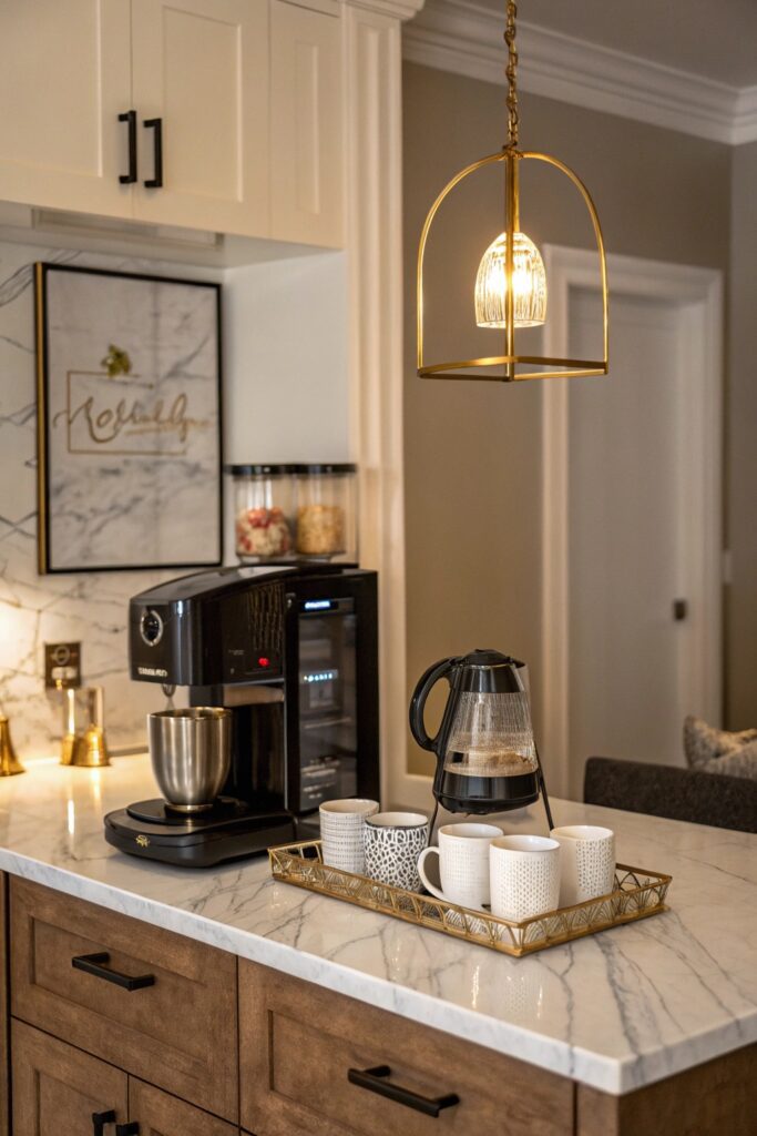 15 DIY Home Coffee Bar Ideas You'll Want to Copy This Weekend statement light fixture diy coffee bar