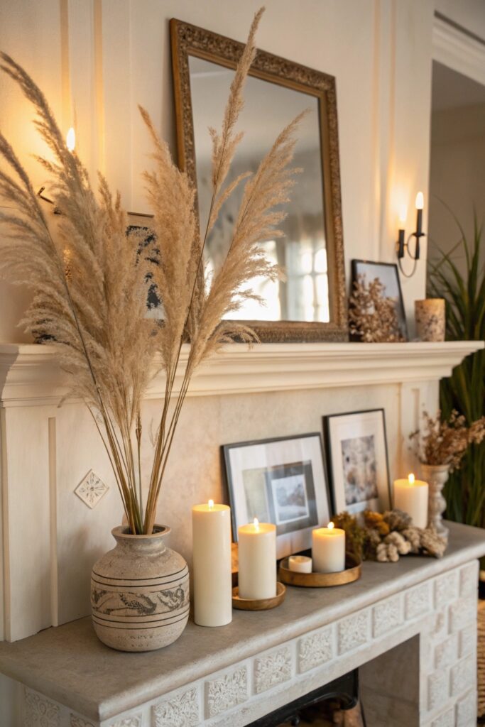 15 Pampas Grass Decor Ideas to Create a Cozy Modern Home seasonal mantel display pampas grass
