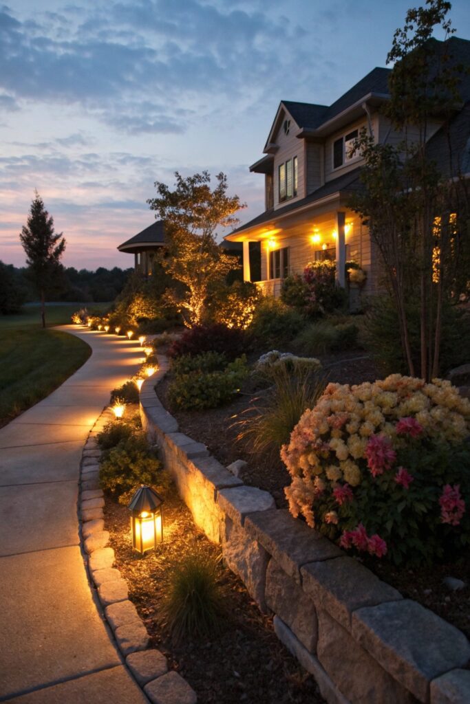 15 Flower Beds in Front of House Ideas That Look Gorgeous Year-Round lighting evening impact flower bed