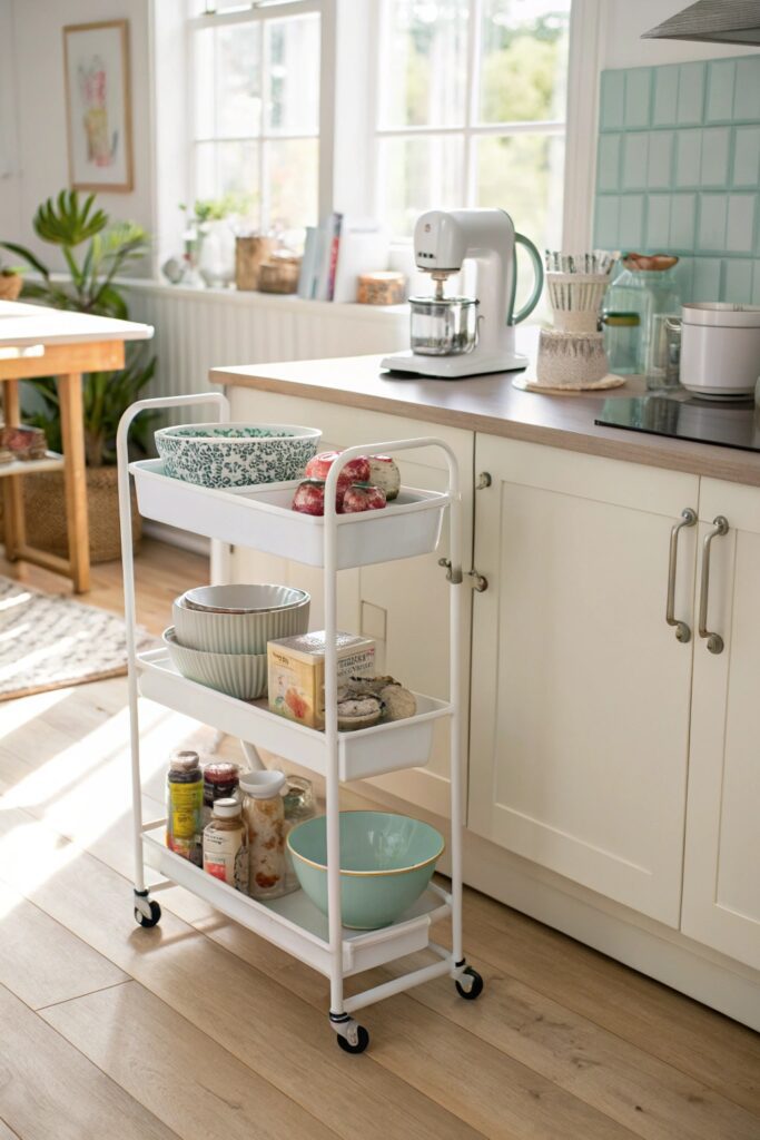 15 Kitchen Organization Hacks That Save Time and Space rolling cart extra counter space kitchen