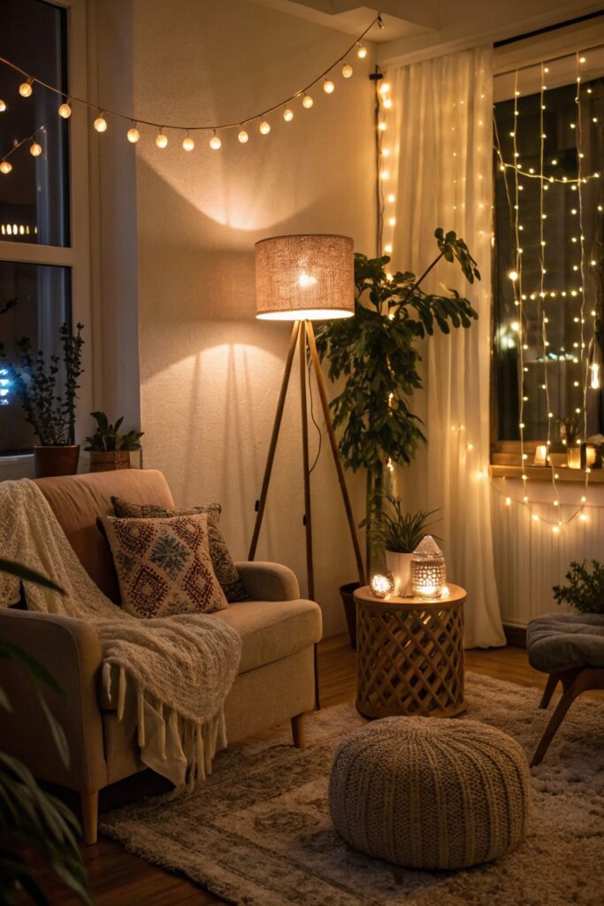 15 Modern Bohemian Living Room Ideas You'll Fall in Love With warm layered lighting boho living room