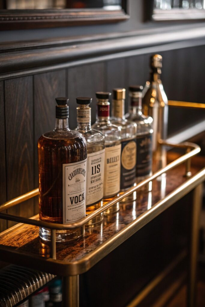 10 Bar Cart Ideas That Elevate Your Home Entertaining Game base spirits collection bar cart
