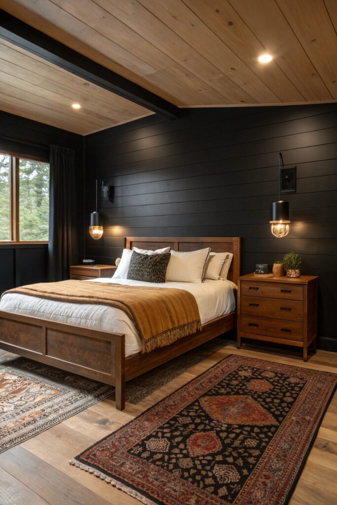 12 Black Themed Bedroom Ideas That Feel Bold, Modern, and Cozy warm wood tones black bedroom balance
