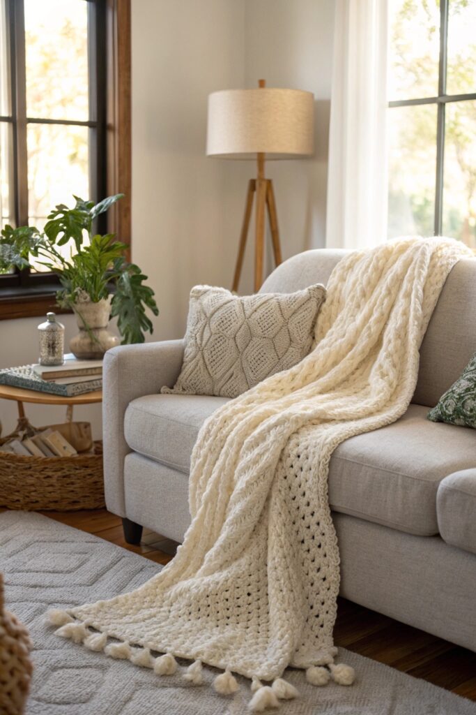 chunky knit throw texture neutral living room