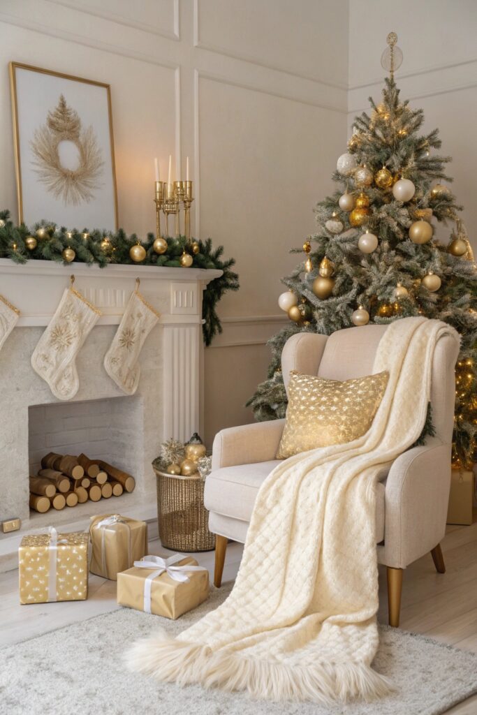 10 Minimalist Christmas Decorations for a Calm Holiday Home "Minimalist Christmas living room styled in cream and gold color palette"