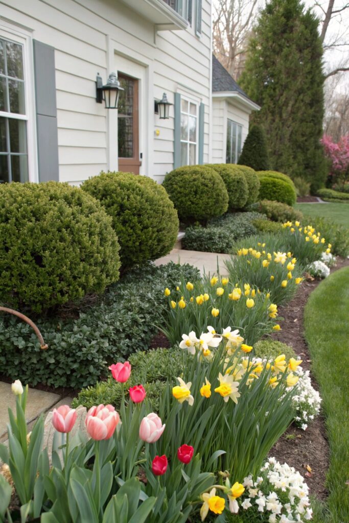 15 Flower Beds in Front of House Ideas That Look Gorgeous Year-Round mix evergreens seasonal bloomers flower bed