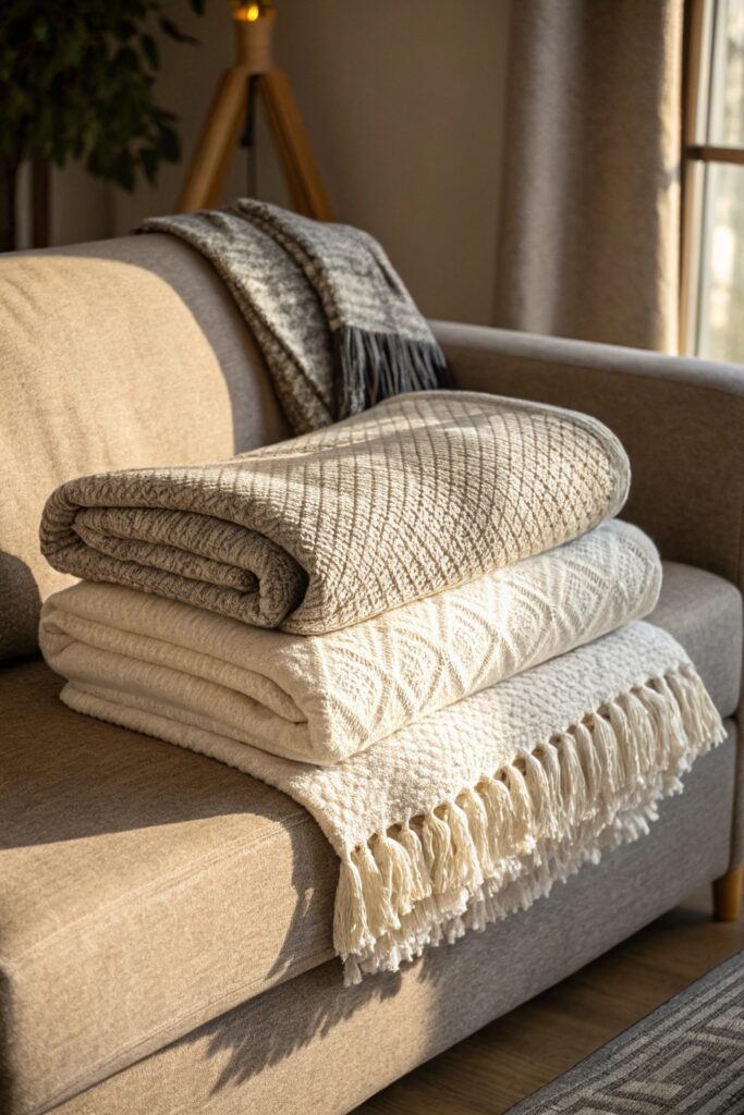 12 Ways to Decorate a Couch With Throw Blankets Like a Designer folded ladder stack throw blanket couch