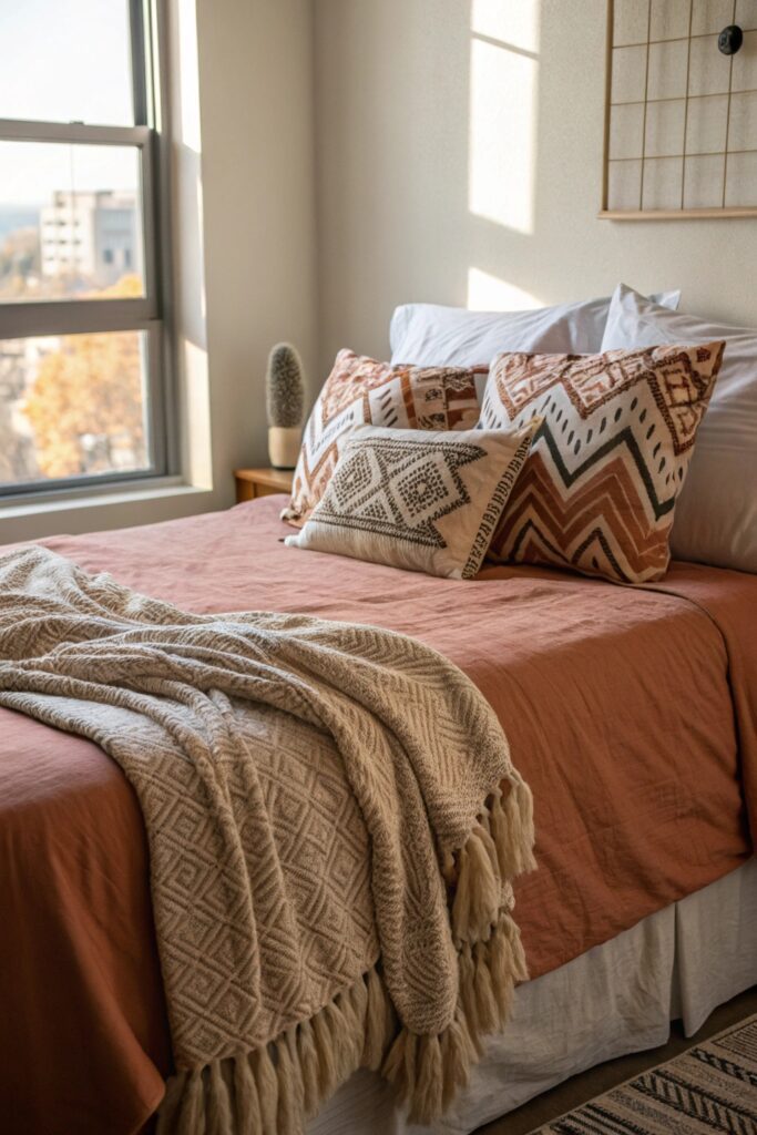 layered bedding dorm room styling