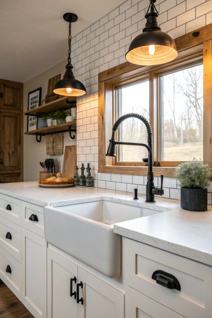 10 Moody Farmhouse Kitchen Ideas Full of Warmth and Character black matte fixtures faucets moody farmhouse kitchen