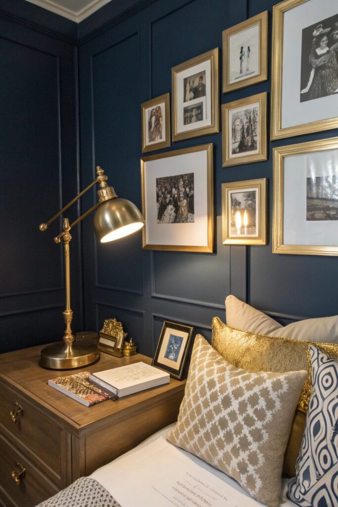navy and gold color combo dorm room