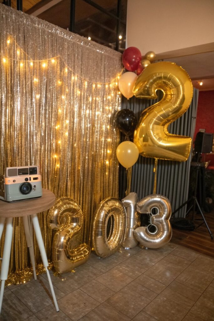 12 New Year's Eve Party Ideas That Everyone Will Remember "New Year's Eve photo backdrop with metallic curtain and balloon garland"