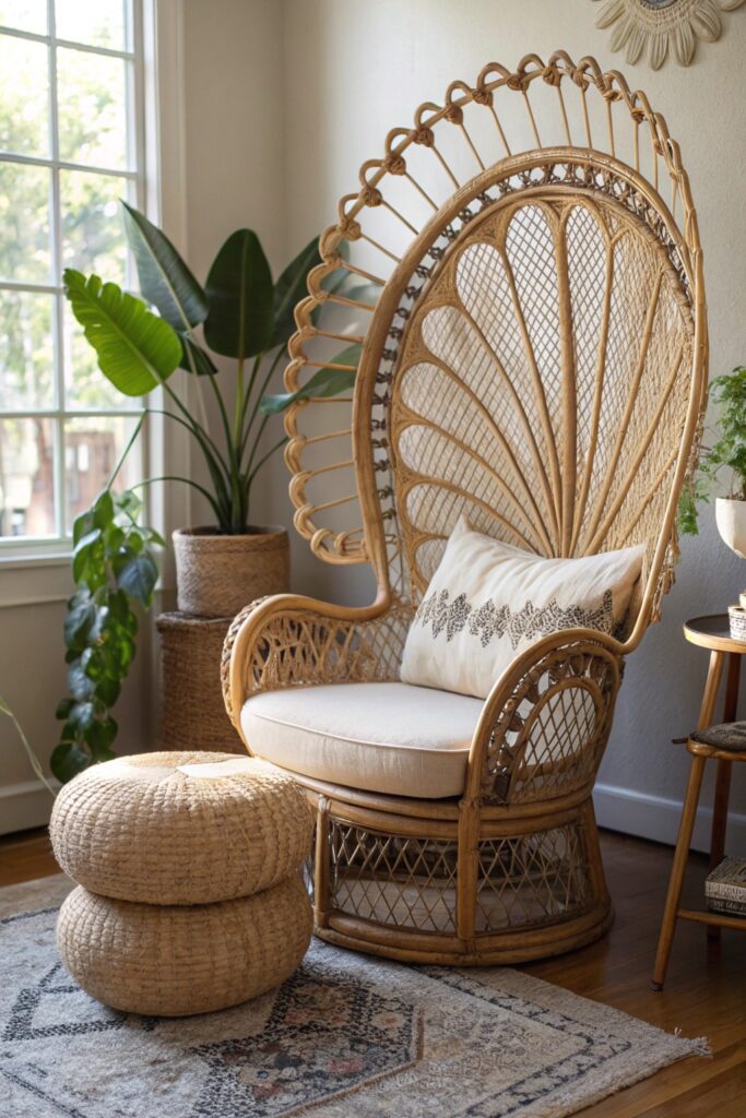15 Modern Bohemian Living Room Ideas You'll Fall in Love With rattan wicker accent chair boho living room