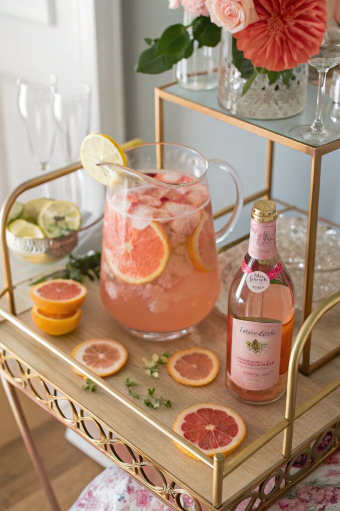 "Rosé spritz signature cocktail with lemon garnish for Galentine's Day party"