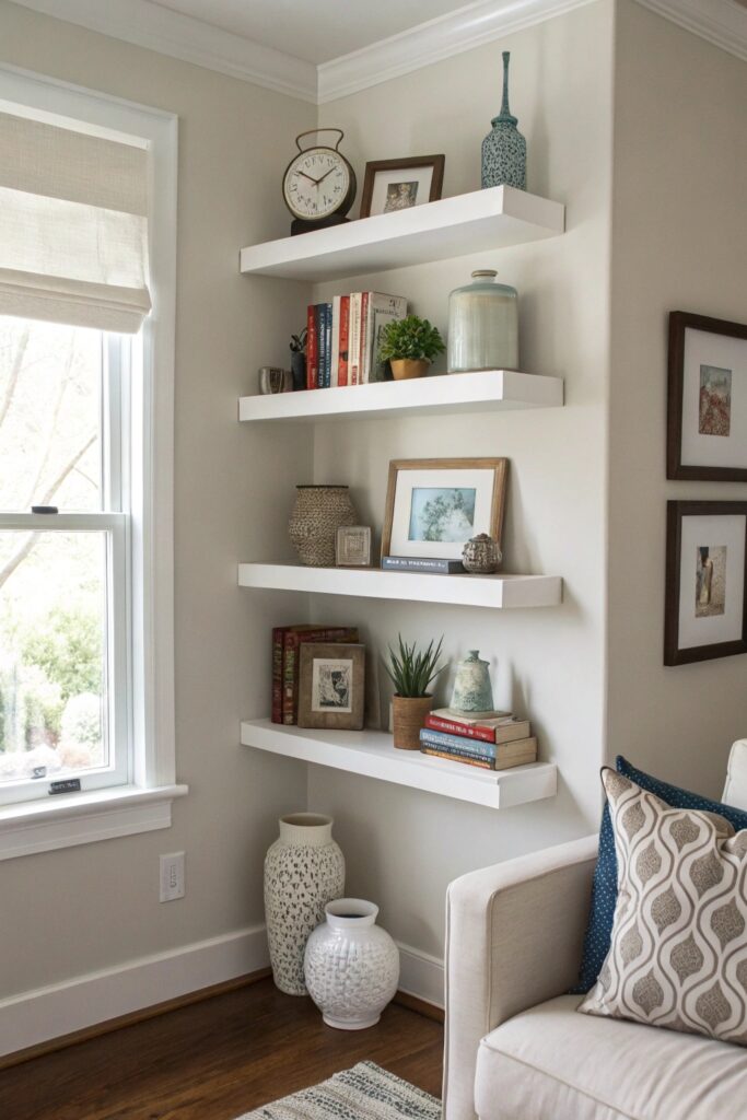 floating shelves display storage corner