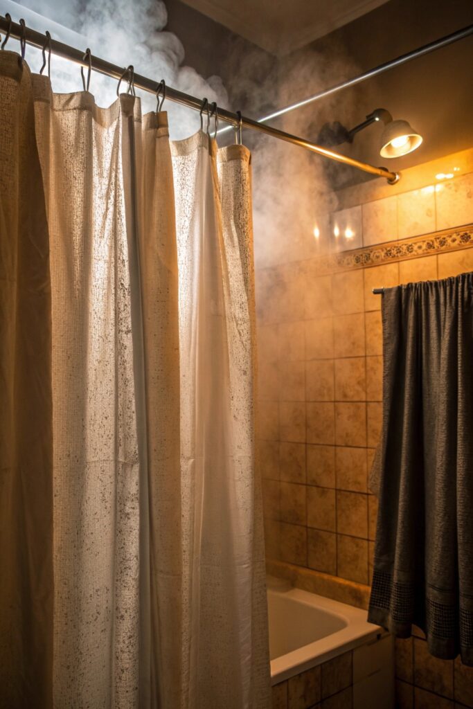 10 Ways to Remove Creases From New Curtains Quickly steamy bathroom hang curtains remove creases