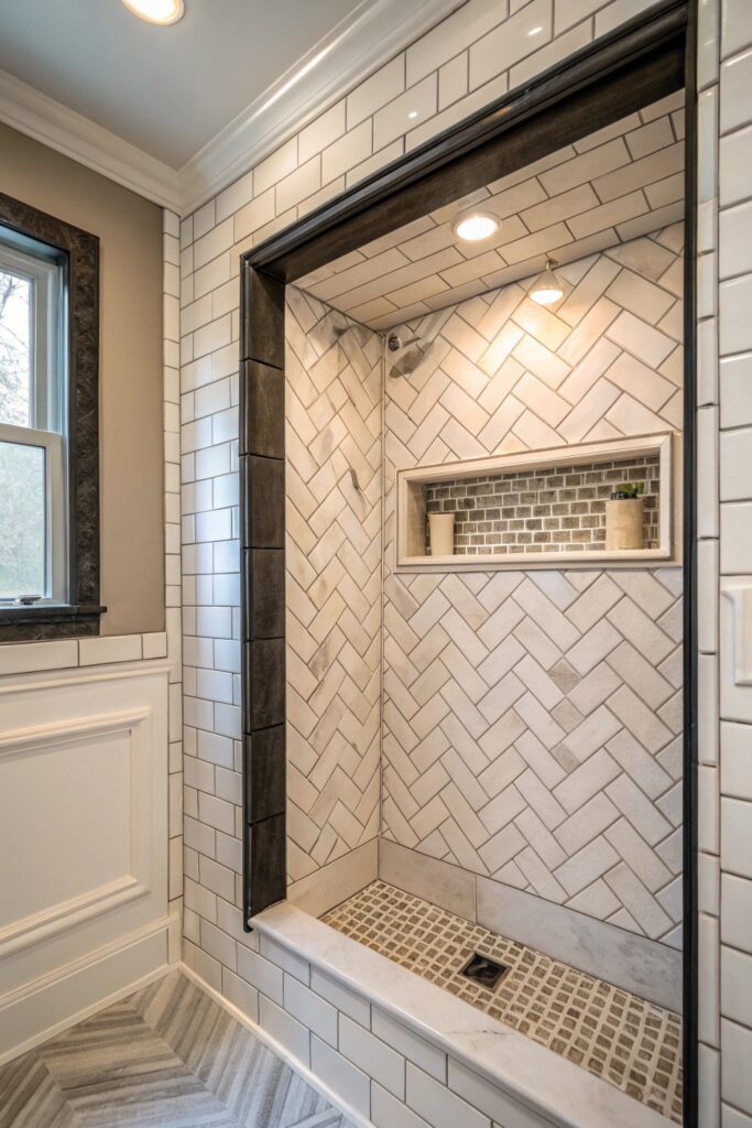 12 Shower Tile Combinations That Make Any Bathroom Look High-End subway tile herringbone accent shower