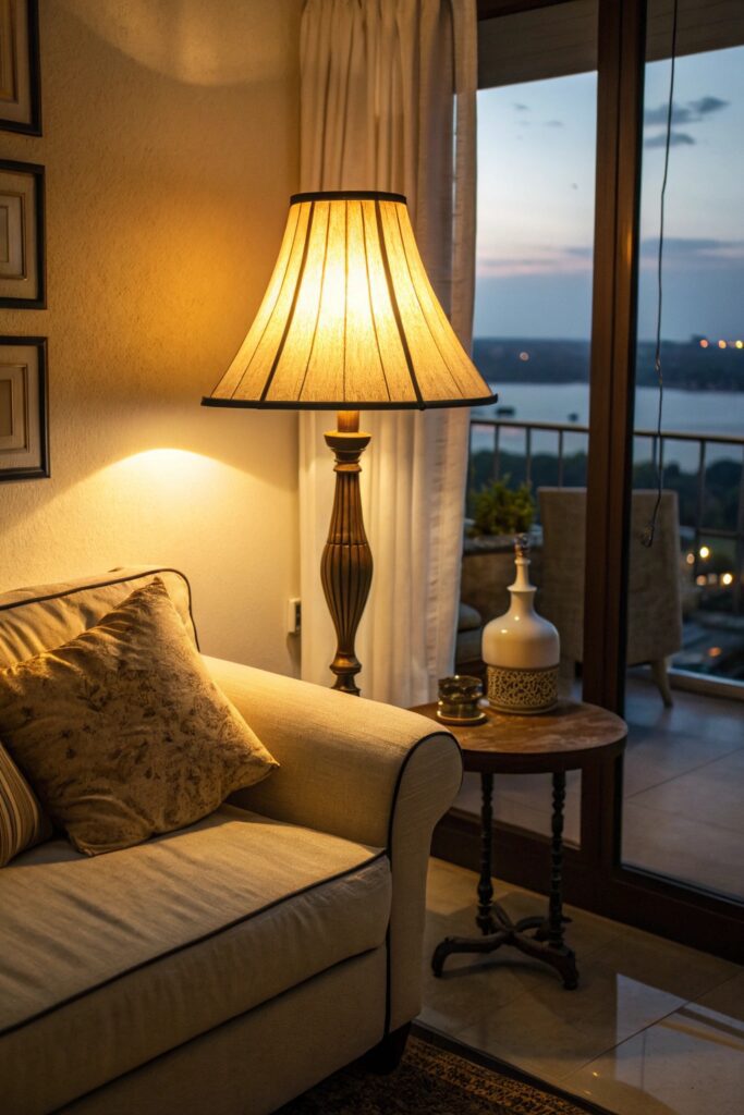 "Cozy apartment corner with warm layered lighting from floor and table lamps"