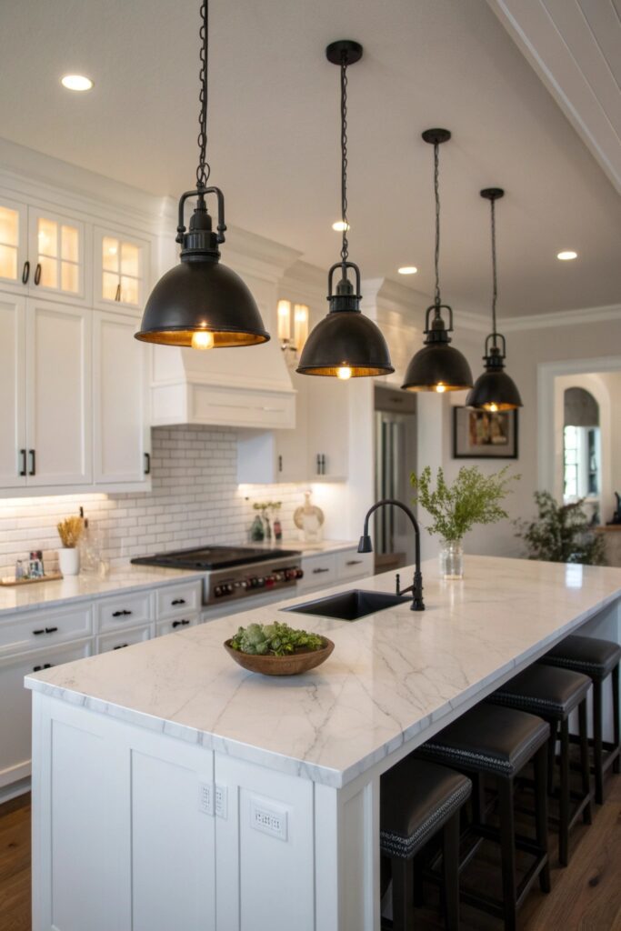 black metal pendant light farmhouse kitchen