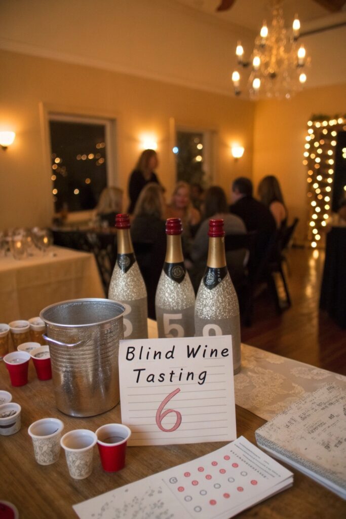 12 New Year's Eve Party Ideas That Everyone Will Remember "Blind wine tasting setup with numbered bottles and tasting cups for party"