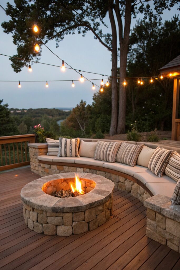 built in wooden bench cushions fire pit