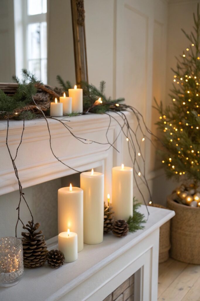 10 Minimalist Christmas Decorations for a Calm Holiday Home "Fireplace mantel styled with cluster of cream pillar candles for calm holiday decor"
