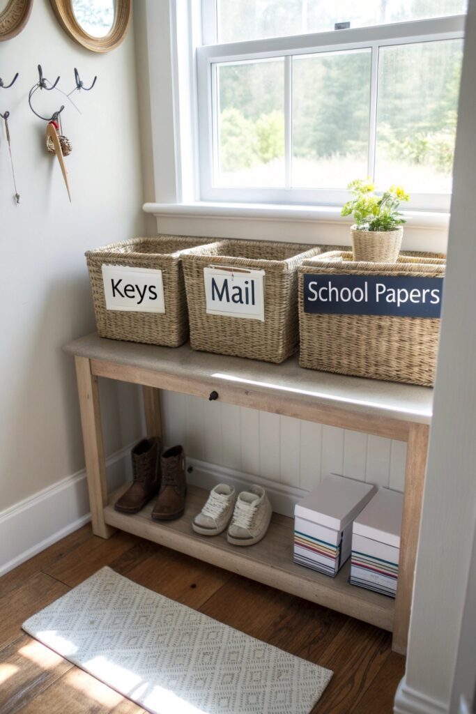 drop zone labeled bins diy mudroom