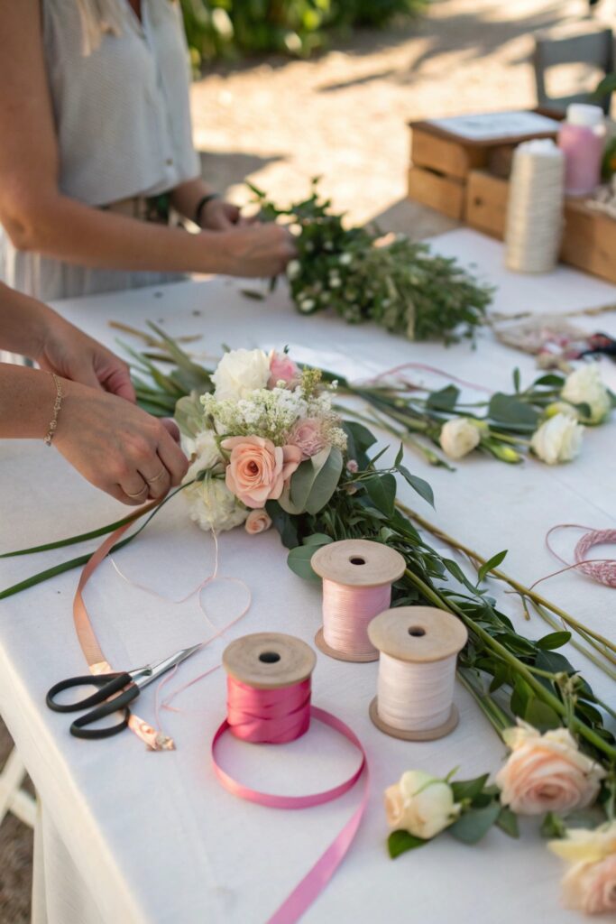 "DIY flower crown bar with loose stems and ribbon for Galentine's Day activity"