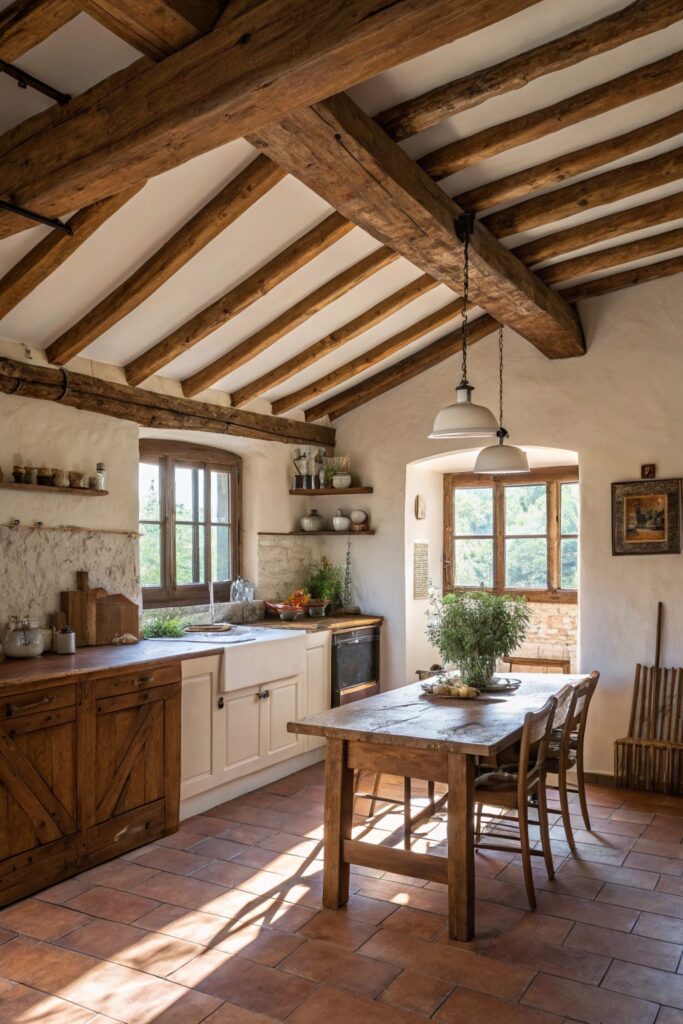 10 Moody Farmhouse Kitchen Ideas Full of Warmth and Character warm wood beams overhead moody farmhouse kitchen