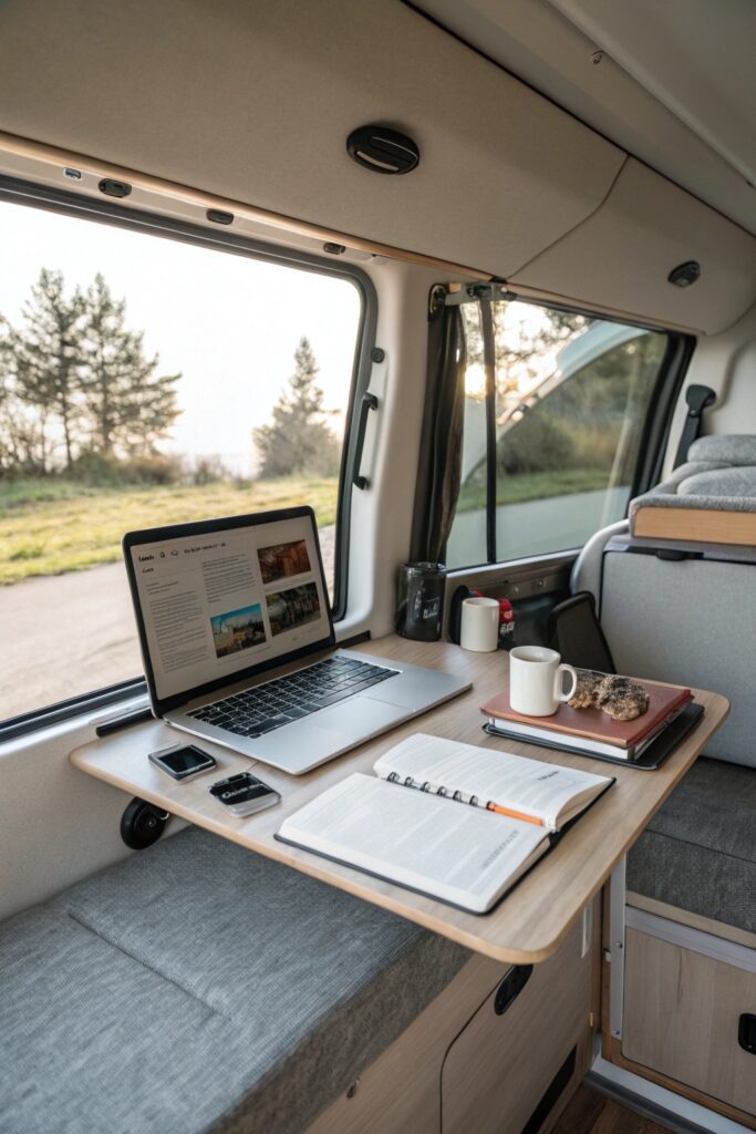 10 RV Home Office Inspiration Ideas for Working From Anywhere RV fold down wall desk workspace