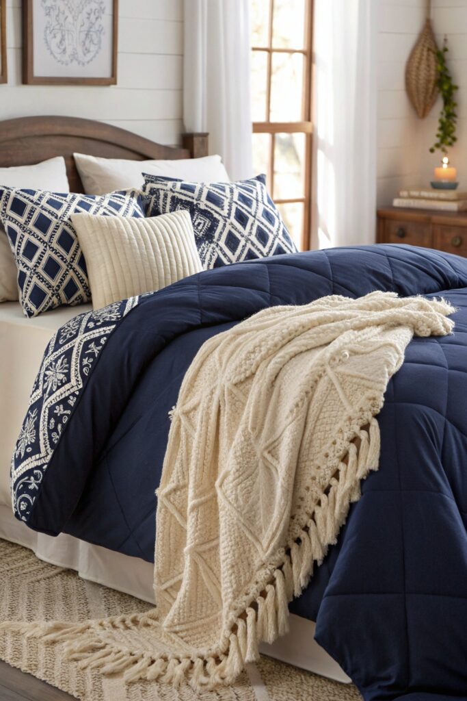 navy bedding textured layers dorm room