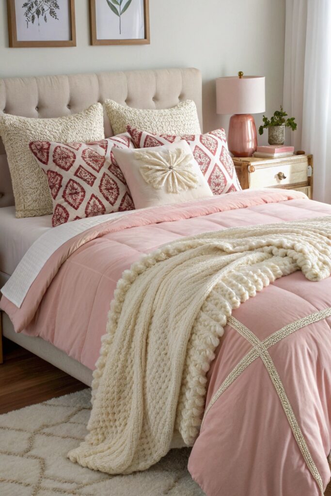 12 Pink Dorm Room Ideas That Are Cute and Stylish pink cream layered bedding dorm room