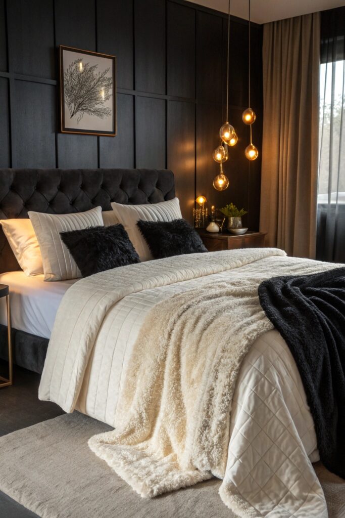 12 Black Themed Bedroom Ideas That Feel Bold, Modern, and Cozy soft plush textiles black bedroom