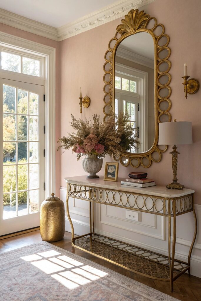 "Feminine entryway decor with vintage scalloped gold mirror and brass console table"