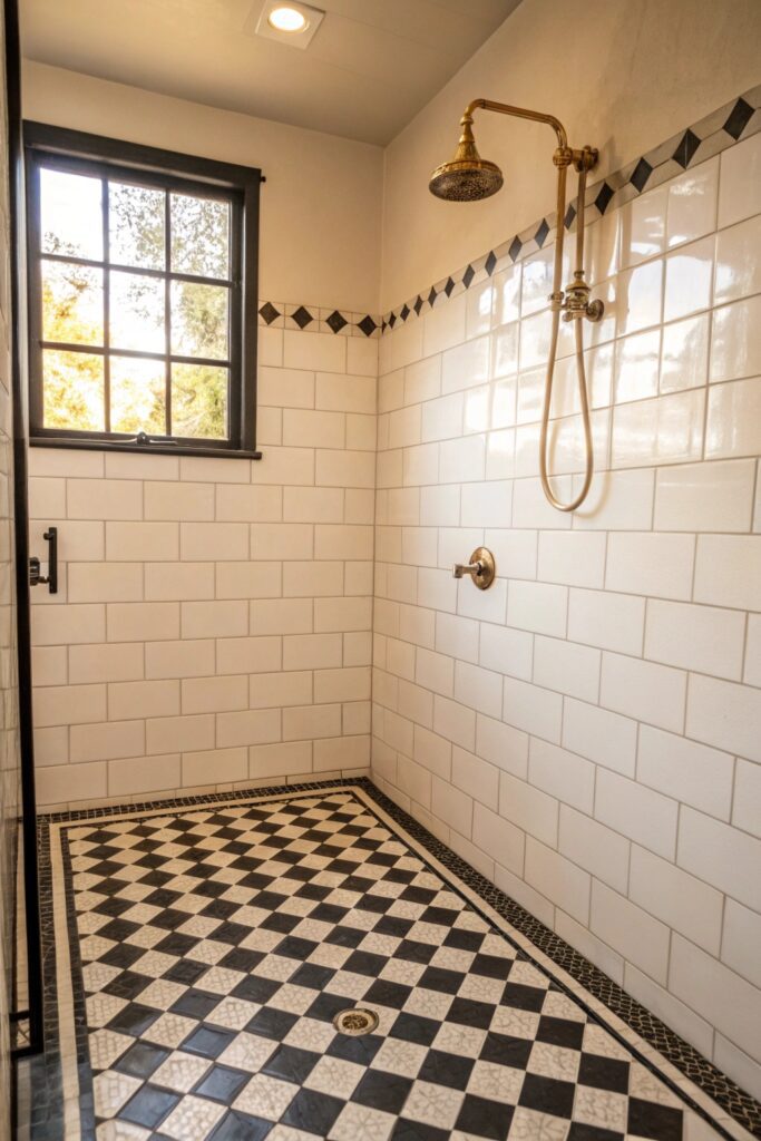12 Shower Tile Combinations That Make Any Bathroom Look High-End black white checkerboard floor tile shower