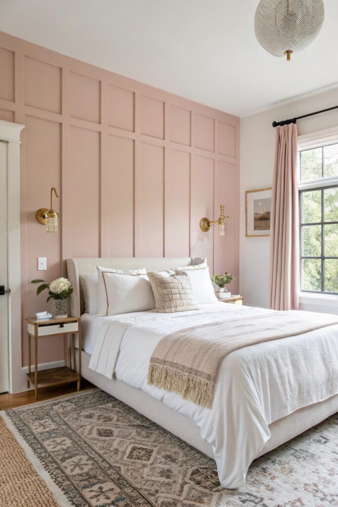 "Bedroom with blush pink accent wall and brushed gold sconces, feminine apartment idea"