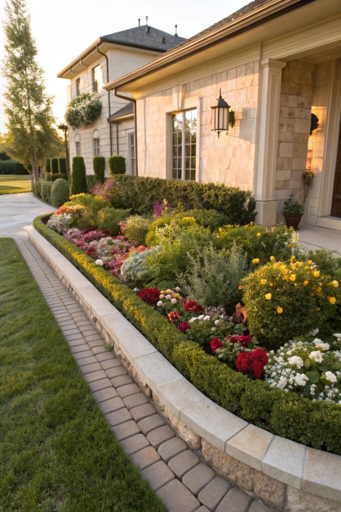 15 Flower Beds in Front of House Ideas That Look Gorgeous Year-Round boxwood border structure flower bed
