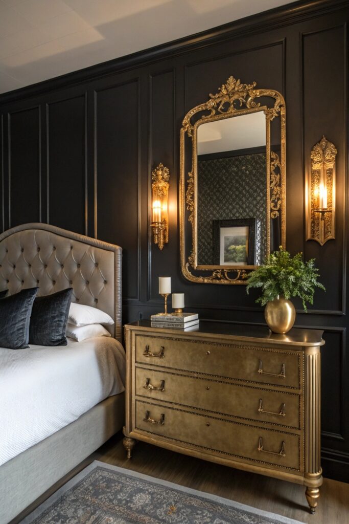 12 Black Themed Bedroom Ideas That Feel Bold, Modern, and Cozy brass gold metallic accents black bedroom