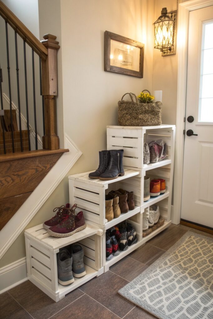 shoe cubby stackable crates diy mudroom