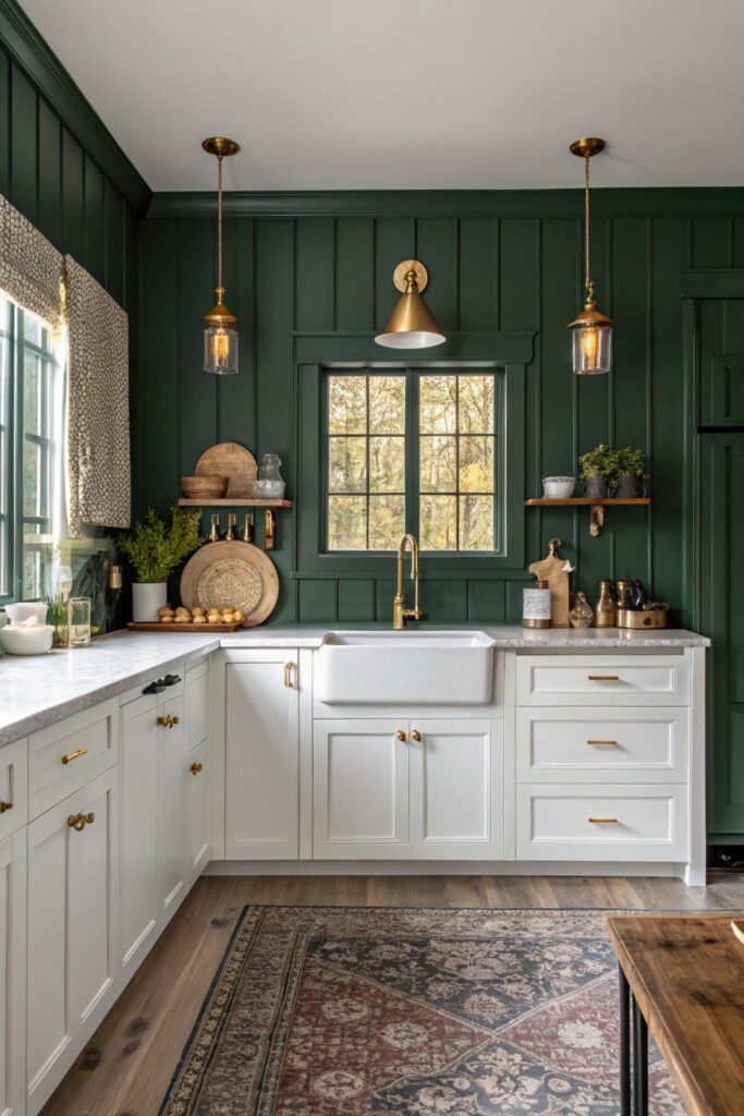 10 Moody Farmhouse Kitchen Ideas Full of Warmth and Character deep green accent walls moody farmhouse kitchen
