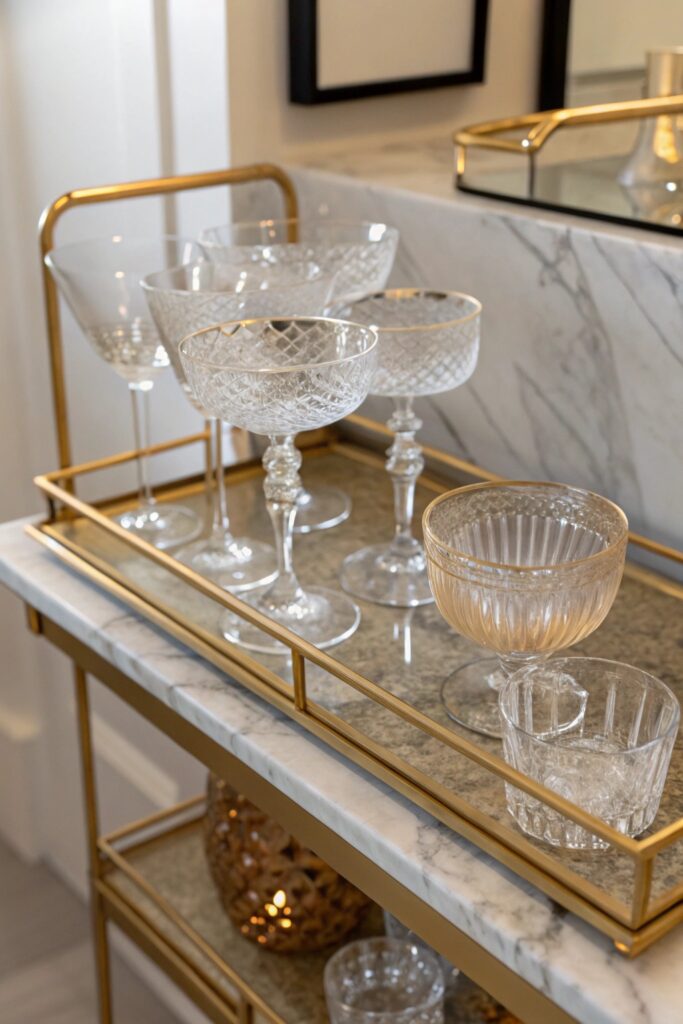 10 Bar Cart Ideas That Elevate Your Home Entertaining Game glassware double duty bar cart