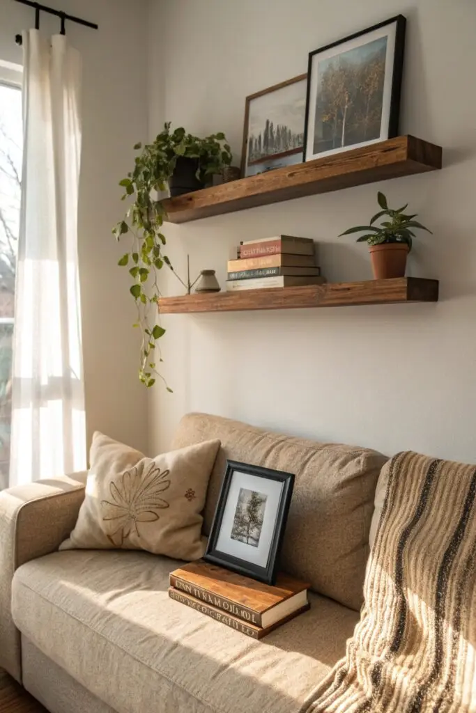 12 Above Couch Decor Ideas That Make Your Living Room Stand Out floating shelves display above couch